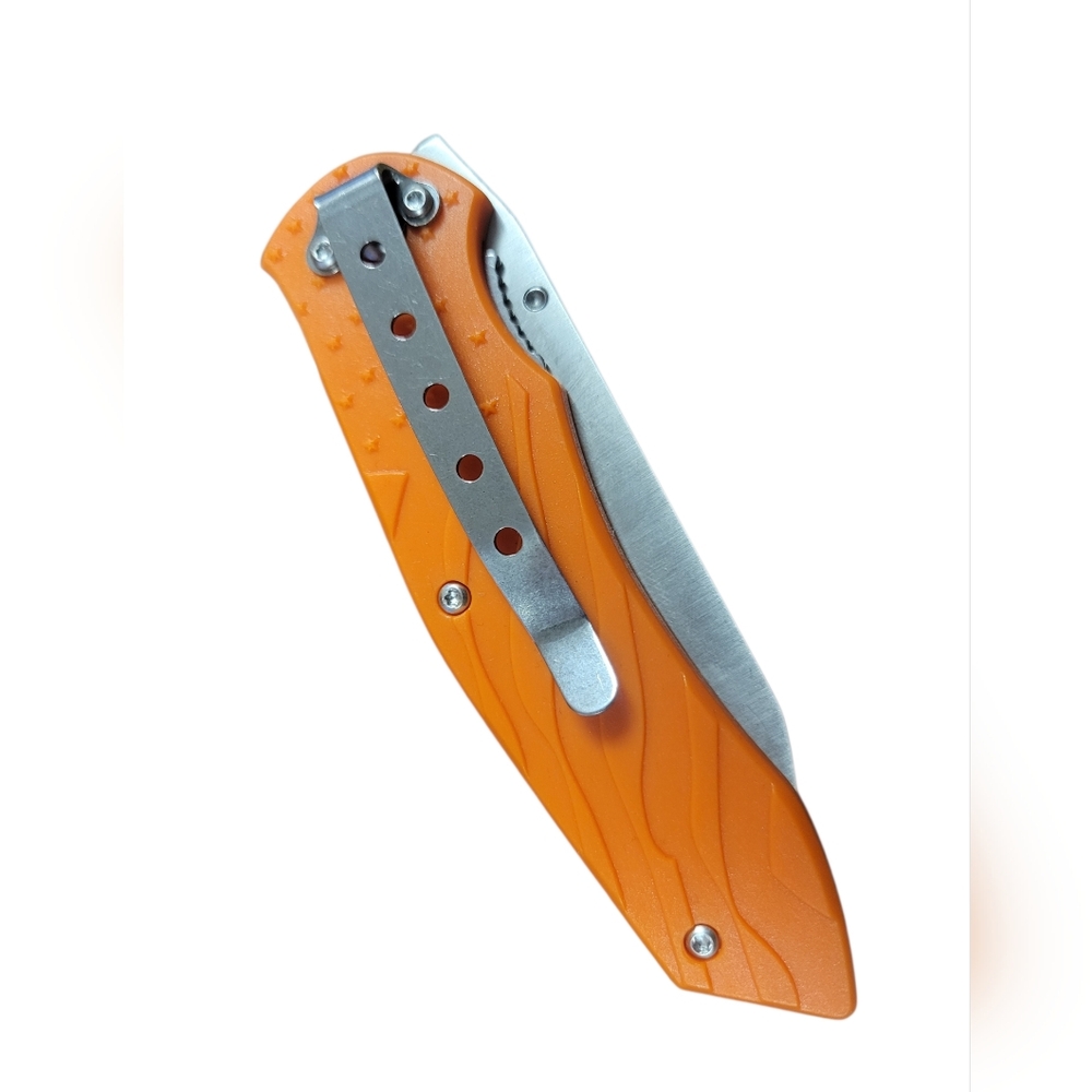 318 // Stars and Stripes Extended Tang Satin Linerlock Knife // Orange - Picture 2 of 4